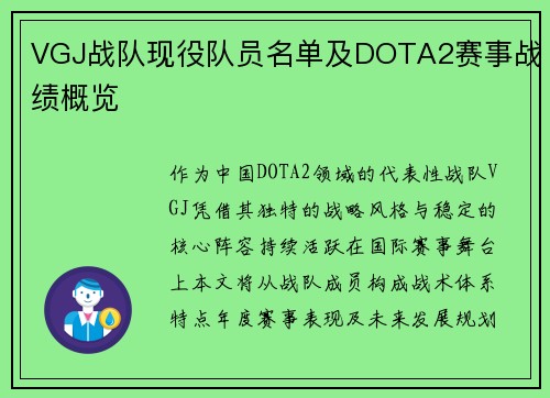 VGJ战队现役队员名单及DOTA2赛事战绩概览