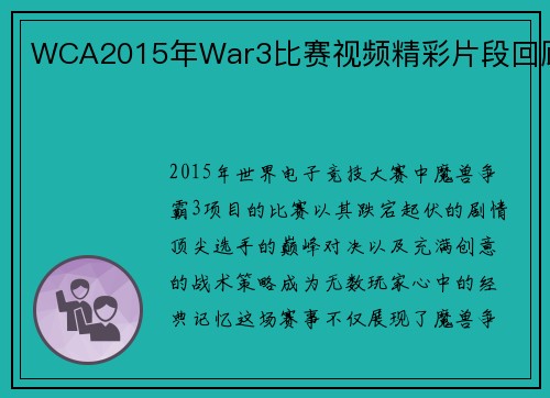 WCA2015年War3比赛视频精彩片段回顾